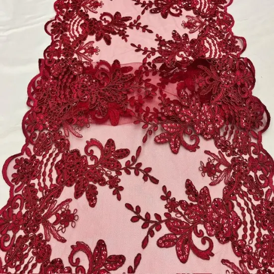 1 Yard Burgundy Sequin Lace Fabric 100% Polyester Embroidered Mesh for Bridal & Evening Wear {1}