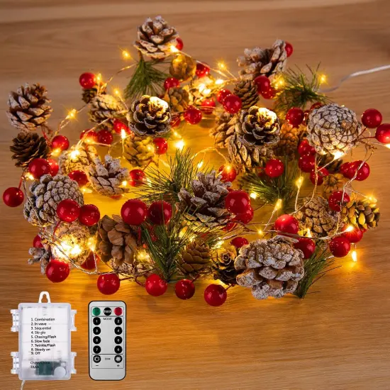 9.8 Ft 60 LEDs Red Berry Pine Cone Battery Operated Christmas Garland Lights with 8 Modes {1}