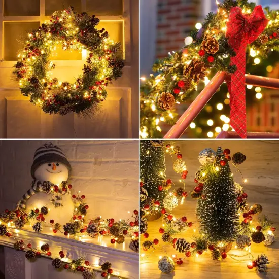9.8 Ft 60 LEDs Red Berry Pine Cone Battery Operated Christmas Garland Lights with 8 Modes {2}
