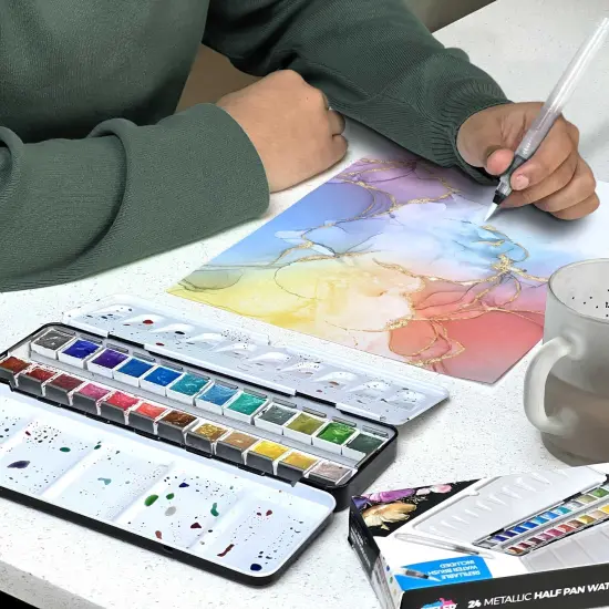 24 Metallic Half Pan Watercolour Metal Tin Set with Water Brush {5}