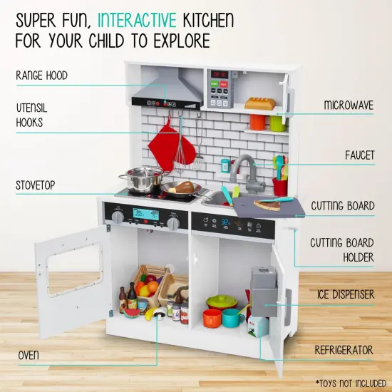 Lil' Jumbl Small Wooden Pretend Play Kitchen Set for Kids with Stovetop, Oven, and Interactive Features White {5}