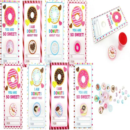 Tiny Mills 36 PACK Donuts Cards with Donuts Stampers for Valentine's Day Classroom Exchange Birthday Party Favor Prizes Valentine's Day {1}