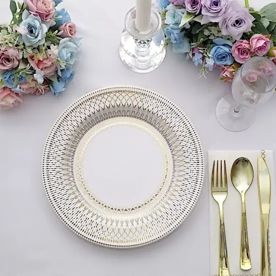 25 White 10 in Round Disposable Paper PLATES Gold Porcelain Design Party Events {4}