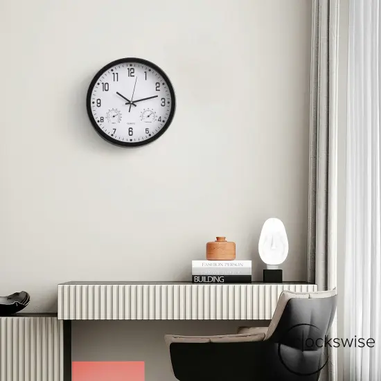 Clockswise Non-Ticking Quartz Wall Clock with Thermometer & Hygrometer - Battery Operated Plastic Analog Clock for Temperature & Humidity Monitoring - Ideal for Home, Office or School, Black {6}
