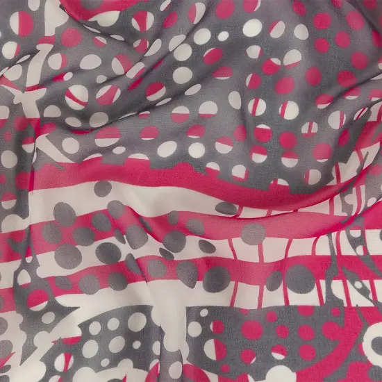 1 Yard Fuchsia Gray White Circles Stripes Silk Chiffon Fabric 44 Inch Width {1}