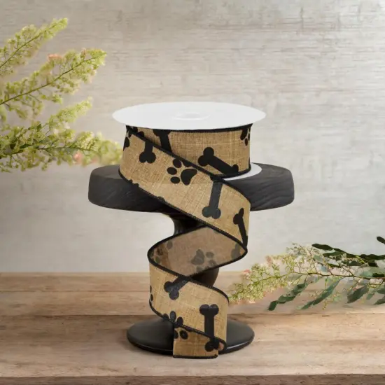 1.5" Paw Print Royal Ribbon: Tan & Black (10 Yards) {3}