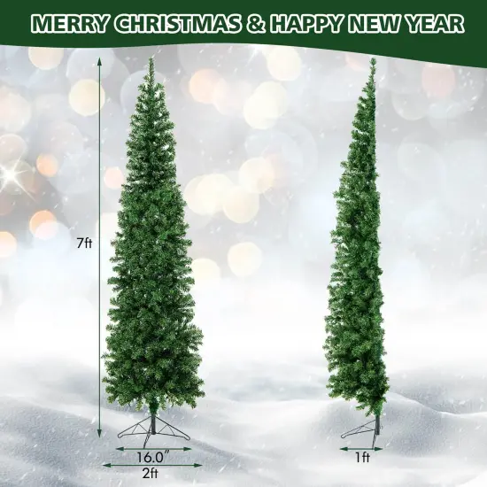 Costway 7ft Pre-lit PVC Artificial & Pine Needles Half Christmas Tree w/ 450 Branch Tips & 150 Lights {3}