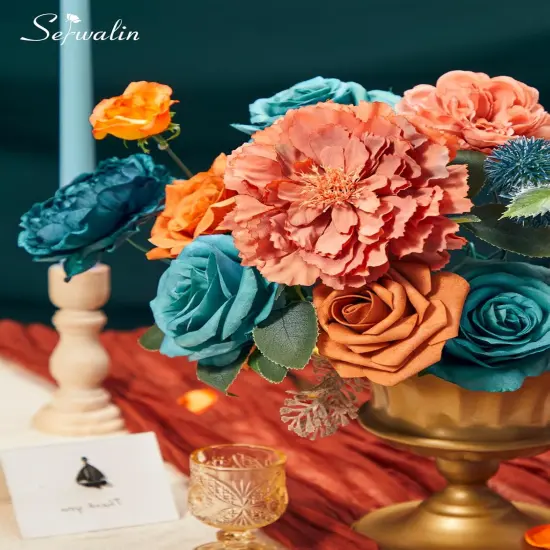 Teal Burnt Orange Silk Artificial Floral {5}
