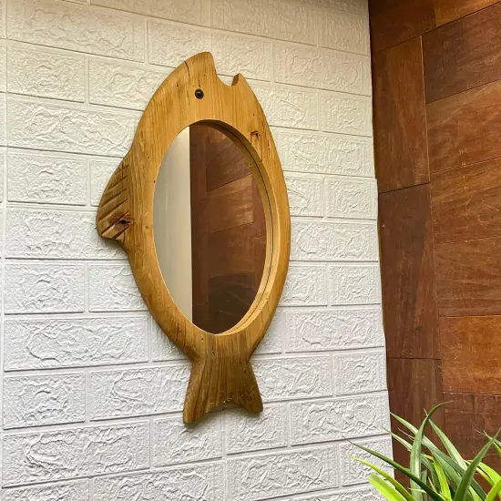 Rustic Wood Fish Shaped Wall Mirror Coastal Beach Nautical Bathroom Decor {5}