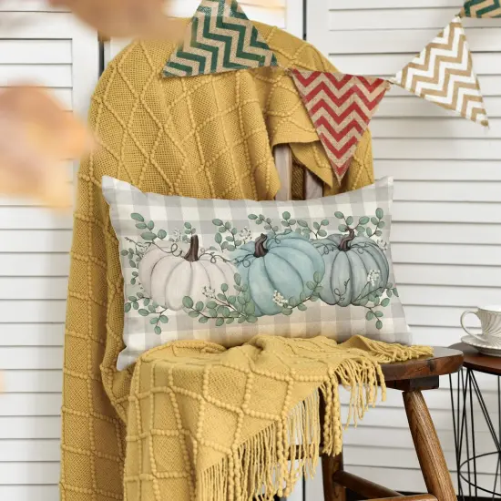 Buffalo Plaid Pumpkin Eucalyptus Leaves Throw Pillow Cover {3}