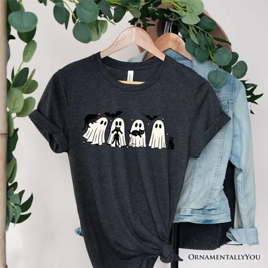 Ghosts and Cats Spooky T-Shirt, Whimsical Halloween Tee for Cozy Autumn Season {1}