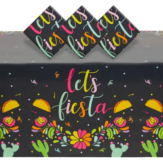 3 Pack Let&rsquo;s Fiesta Table Covers for Cinco de Mayo Decorations, Mexican Taco Party Supplies (54 x 108 In) Black {1}