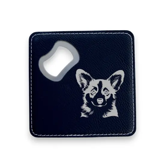 Coaster W/ BOTTLE OPENER - Corgi - SET OF 2 LEATHER Black/Silver {1}
