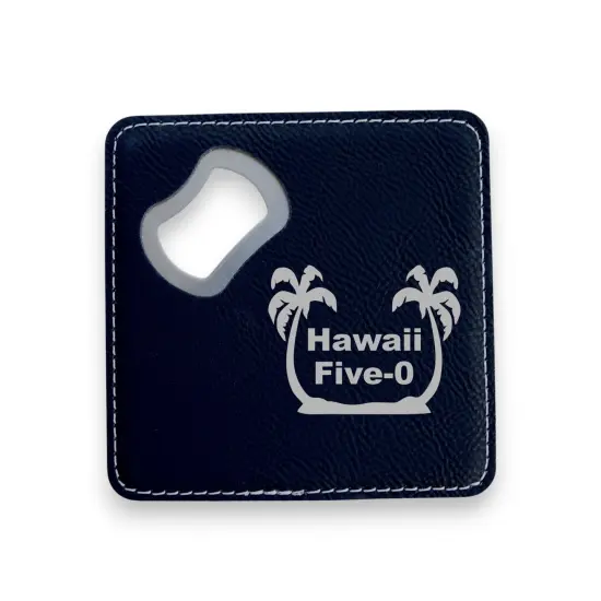 Coaster W/ BOTTLE OPENER - Hawaii Five-0 - SET OF 2 LEATHER Black/Silver {1}