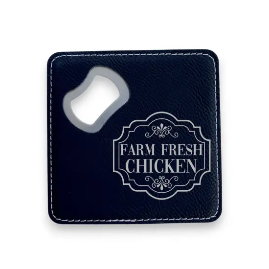 Coaster W/ BOTTLE OPENER - Farm Fresh Chicken - SET OF 2 LEATHER Black/Silver {1}