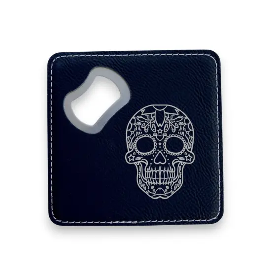 Coaster W/ BOTTLE OPENER - Sugar Skull - SET OF 2 LEATHER Black/Silver {1}