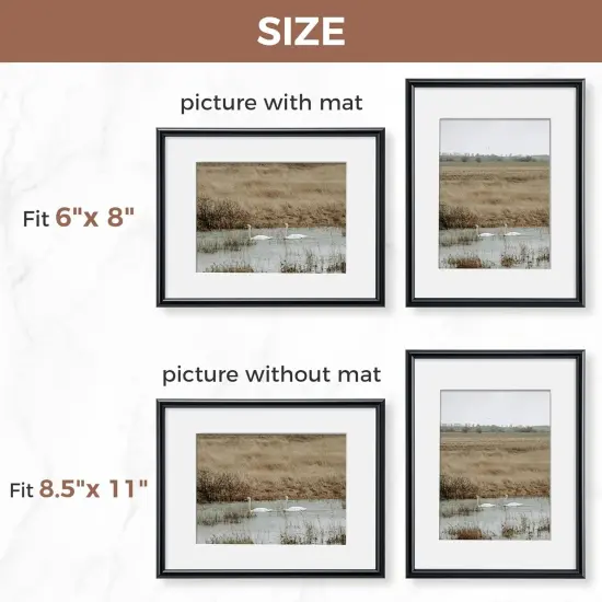 8.5x11 Picture Frame, Display Pictures 6x8 With Mat or Without Mat, HD Plexiglass, Wall or Tabletop Display, Wall Hook Included, Black, 3 Pack {4}