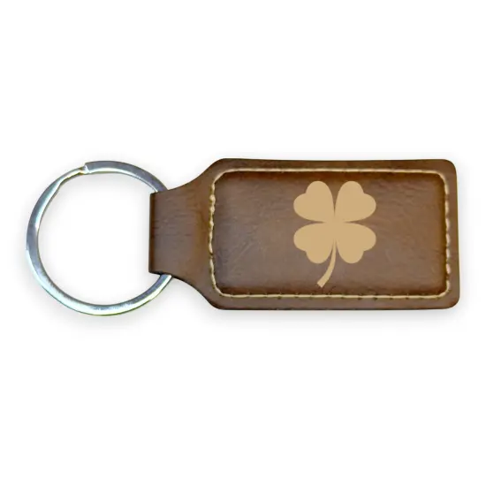 Keychain - Rectangle - 4 Leaf Clover - Leather - Irish Black/Silver {5}