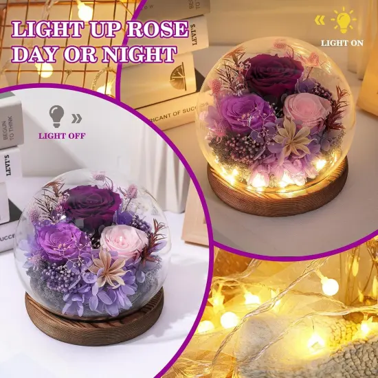 Gifts for Women Preserved Flowers in Glass Dome Long-Lasting Eternal Roses Mothers Day Birthday Gifts for Mom Grandma Wife Girlfriend Purple Forever Flowers for Delivery Prime {2}