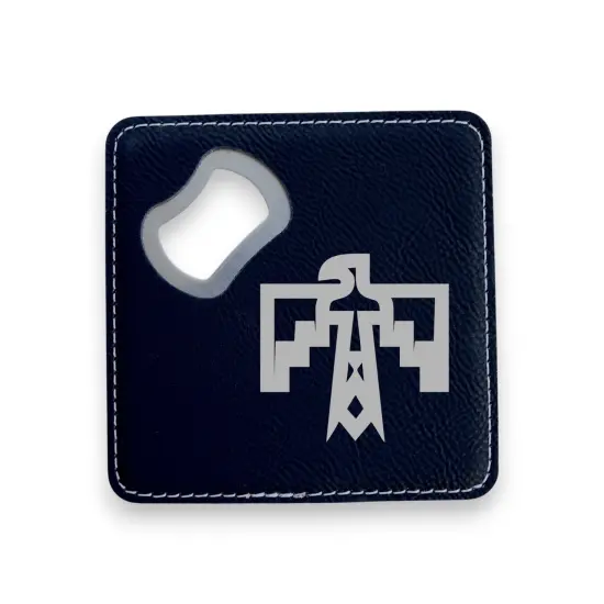 Coaster W/ BOTTLE OPENER - Thunderbird Native American - SET OF 2 LEATHER Black/Silver {1}