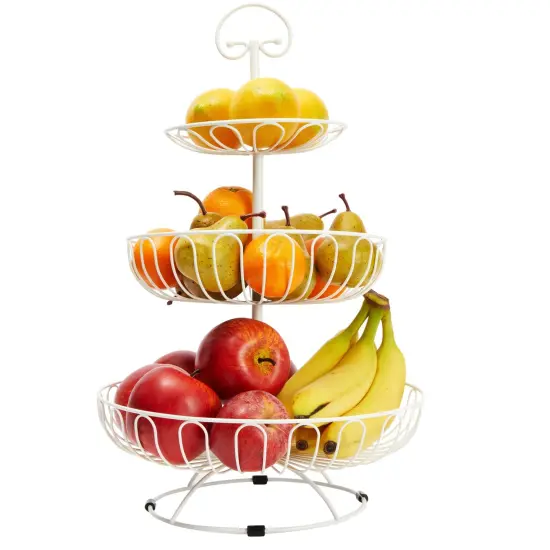 White 3-Tiered Fruit Basket for Kitchen Countertop - Metal Large Fruit Bowl Stand for Produce, Vegetables, Organization, Storage Rack (18 In) {1}