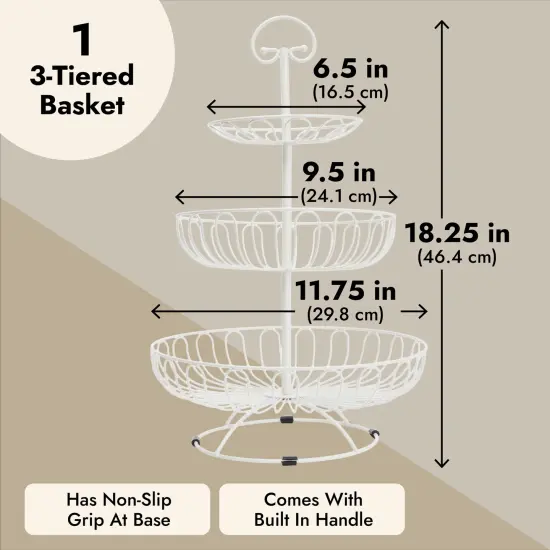 White 3-Tiered Fruit Basket for Kitchen Countertop - Metal Large Fruit Bowl Stand for Produce, Vegetables, Organization, Storage Rack (18 In) {4}