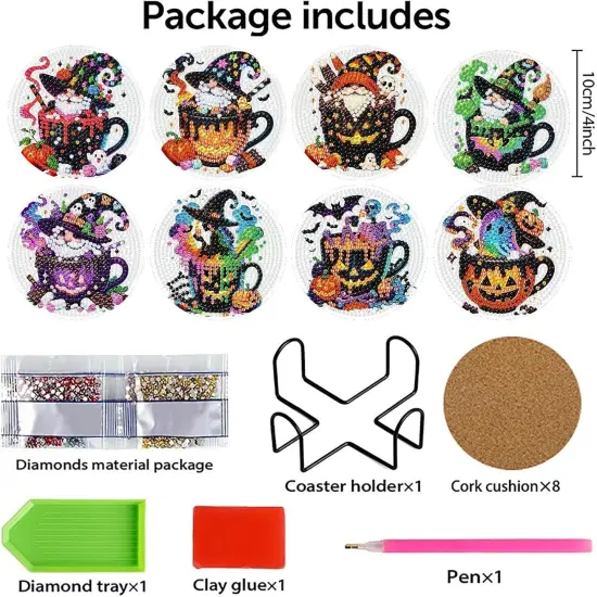 8 PCS Halloween Gnome Diamond Art Coasters Kits {5}