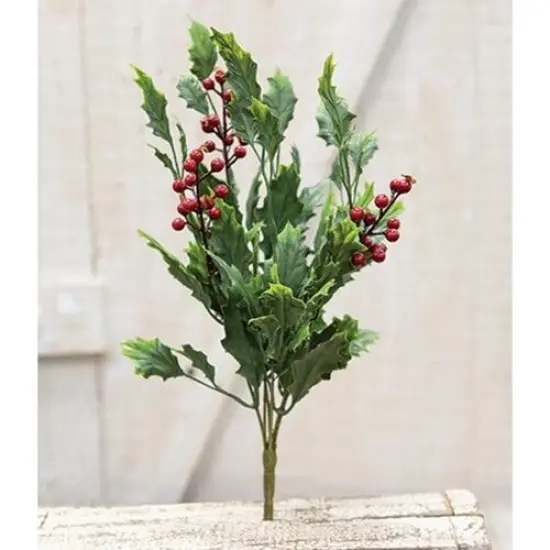 14" Green Dazzling Holly Bush with Plastic leaves and Red Berries on Plastic Stem {2}
