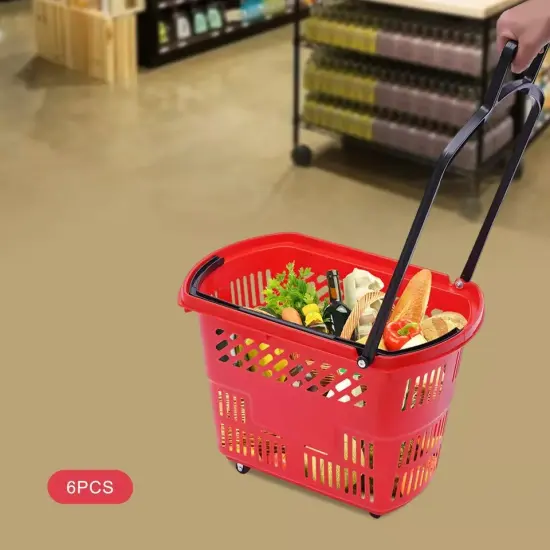 6Pcs Durable Red Rolling Shopping Basket with Wheels and Handle in Supermarkets {3}