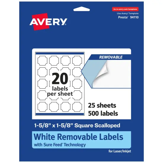 Avery Matte White Removable Square Scalloped Labels with Sure Feed Technology, Print-to-the-Edge, 1-5/8" x 1-5/8" {7}
