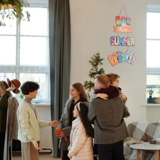 3Pcs Hello Summer Hanging Door Sign Decor Beach Welcome Sign Plaque Wooden Summer Home Decor Ice Cream Slippers Beach Hanging Decor With Ropes for Farmhouse Wall Beach Theme Indoor Outdoor Garden Yard {3}