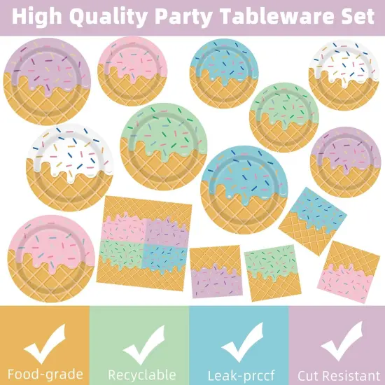 Ice Cream Party Decorations 100Pcs Ice Cream Plates and Napkins for Kids Girls Baby Shower Ice Cream Birthday Party Supplies {3}
