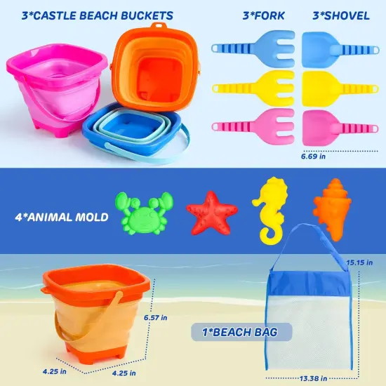Summer Beach Toys for Kids 3-10, Collapsible Sand Castle Toys for Beach Include 3 Pack Foldable Buckets, Shovels Molds and Storage Mesh Bag, Sandbox Travel Toys for Toddlers Kids {2}