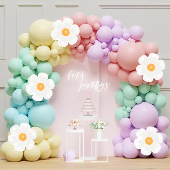 Daisy Balloon Arch Garland Kit - 136Pcs Pastel Rainbow Balloon Arch Kit - Birthday Balloons, White Groovy Flower Macaron Pink Yellow Blue Purple Balloons for First Birthday Wedding Party Decorations {1}