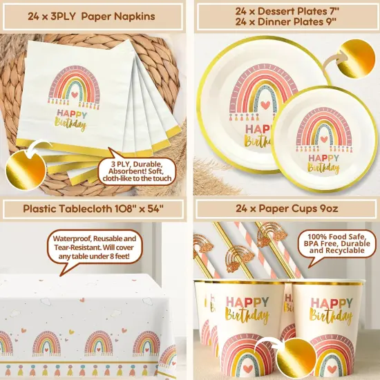 310 Pcs Boho Rainbow Birthday Decorations - Boho Balloon Arch Kit, Party Supplies serves 24, Banner, Garland, Cake and Cupcake Toppers, Confetti, Bohemian First, Pastel Dusty Pink Nude Blush Brown {4}