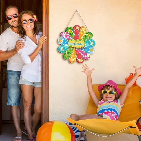 Summer Slippers Hanging Sign Flip Flop Shape Welcome Wooden Door Sign with Rope Rustic Wall Sign for Summer {4}