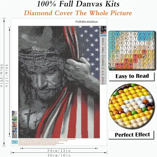 5D Diamond Art Painting by Number Kits Full Drill for American Flag Religious God Jesus Christ 16x20 Inch Round Drill Diamond Art Dots for Adults Crafts Cross Stitch Wall Decor {3}