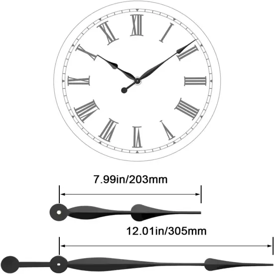 High Torque Long Shaft Clock Movement Mechanism with 28mm (1-1/8 Inch) Shaft Length and 12 Inch Long Spade Hands (Black Hands) {2}