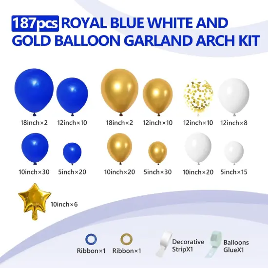 187PCS Royal Blue and Gold Balloons Arch Garland Kit, 5 10 12 18inch Royal Blue and Gold White Balloons with Gold Foil Balloons for Baby Shower Anniversary Wedding New Year Birthday Party Decorations {2}