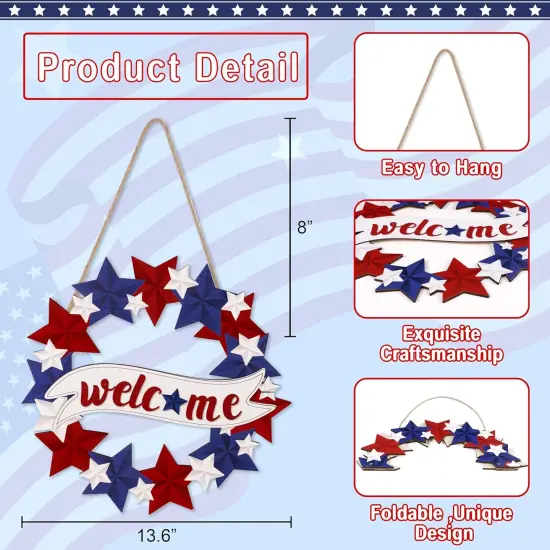 4th/Fourth of July Decorations Welcome Wreath for Front Door - Wooden Red White and Blue Star Sign, Patriotic Memorial Day Porch Home Wall Outside Decor {3}