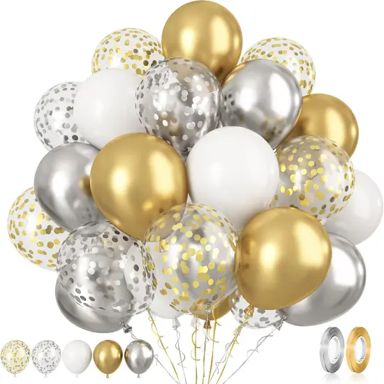 Gold and Silver Latex Balloons, 60 Pcs 12 Inch Metallic Gold Silver and White Confetti Balloons {1}
