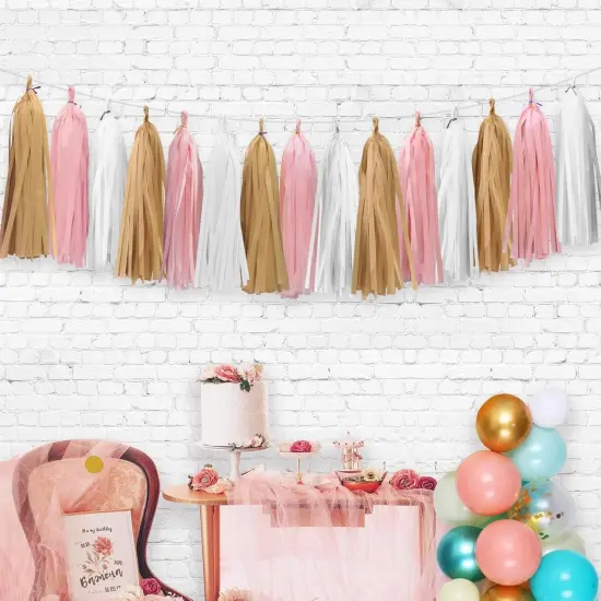 Gold White Pink Tassel Garland for Baby Shower Decorations Bridal Shower Birthday Party Decorations 15PCS {5}