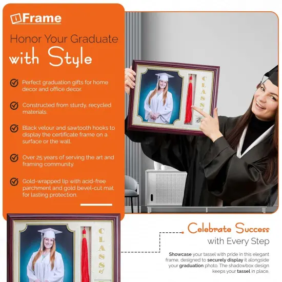 iFrame Graduation Photo & Tassel Frame I 5x7 & 8x10 Picture Frame For 2025 Class Year | Real Wood Cherry, Black and Walnut Finish I Wall Mount & Tabletop Graduation Frame | Made in USA {9}
