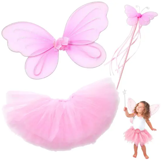 Butterfly Craze Fairy Princess Tutu Costume Set - Includes Glittery Sparkle Wings, Tutu Skirt, & Wand for Girls' Dress Up, Pretend Play & Ballet Dance Recitals, For Toddlers and Kids, Pink, Medium {1}