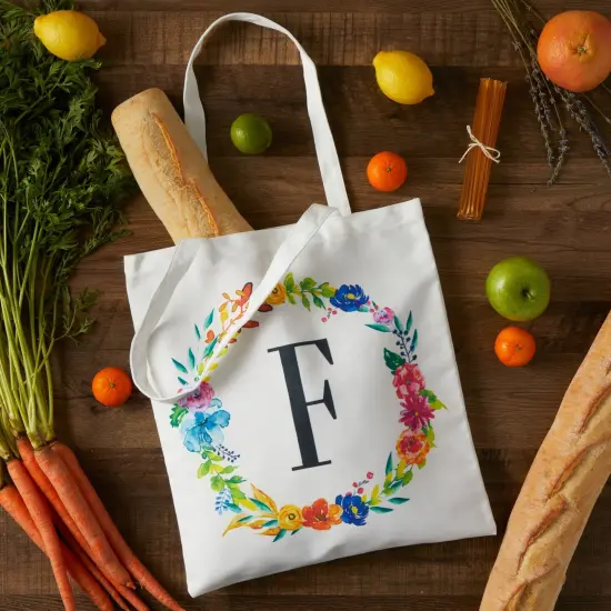 Okuna Outpost Set of 2 Reusable Monogram Letter F Personalized Canvas Tote Bags for Women, Floral Design for Groceries, Bridesmaids, Beach, Travel, or Everyday Use (29 Inches) White {2}