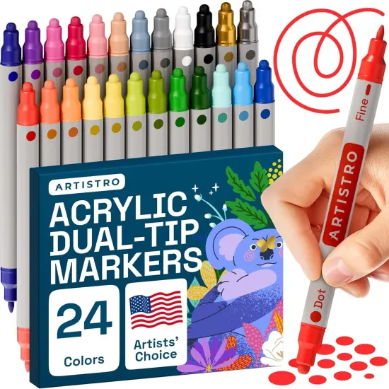 24 Dual Tip Acrylic Paint Markers, Acrylic Paint Pens, Fabric Markers for Textile, Rock, Glass, Wood, Paper, Ceramic, Canvas DIY Art Supplies Kit for Kids and Adults (Dual Tip Dot + Fine, 24) {1}