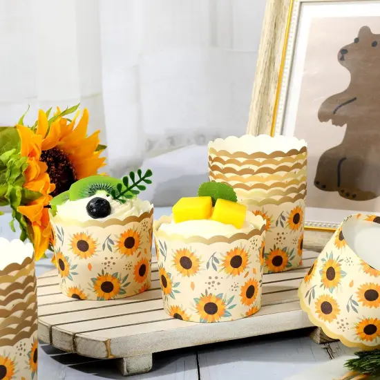 100Pcs Sunflower Paper Baking Cups with Scalloped Gold Rim Yellow Green Sunflower Cupcake Wrappers Cupcake Muffin Cases for Summer Party Supplies {3}