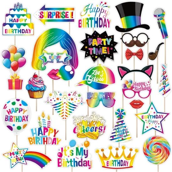 29 Pieces Birthday Photo Booth Props Kit Colorful Funny Kids Adult Birthday Theme Table Centerpiece Craft Cutouts with Bamboo Sticks& Stickers for Party Celebration Decorations {4}