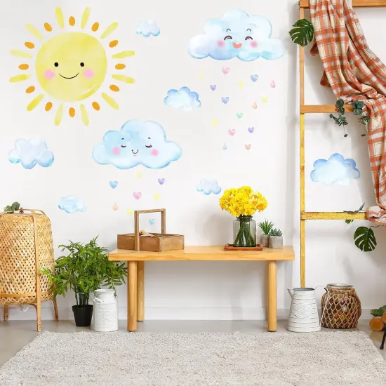 Summer Sun Wall Decals, Watercolor White Clouds Wall Sticker, Boy Girl Room Decoration Sun Stickers, Peel and Stick Removable Sun and White Clouds Wall Decor,for Boys and Girls Room, Children's Bedroom. {4}