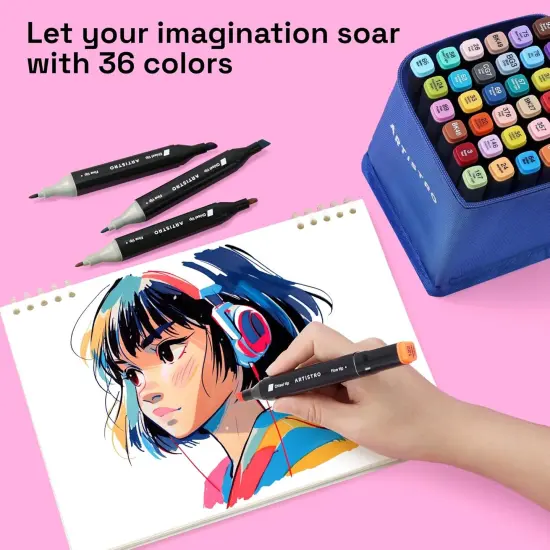 36 Dual-Tip Alcohol Markers - Alcohol-Based Pens Set, Chisel + Fine Tip, Quick Dry, Carrying Case Included {5}
